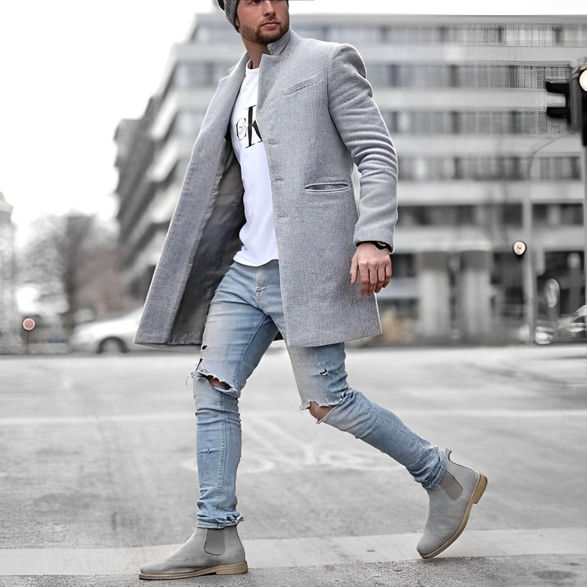 Zachary | Men's Slim-Fit Topcoat, Single-Breasted Tailored Coat | Bella Blue | Gray