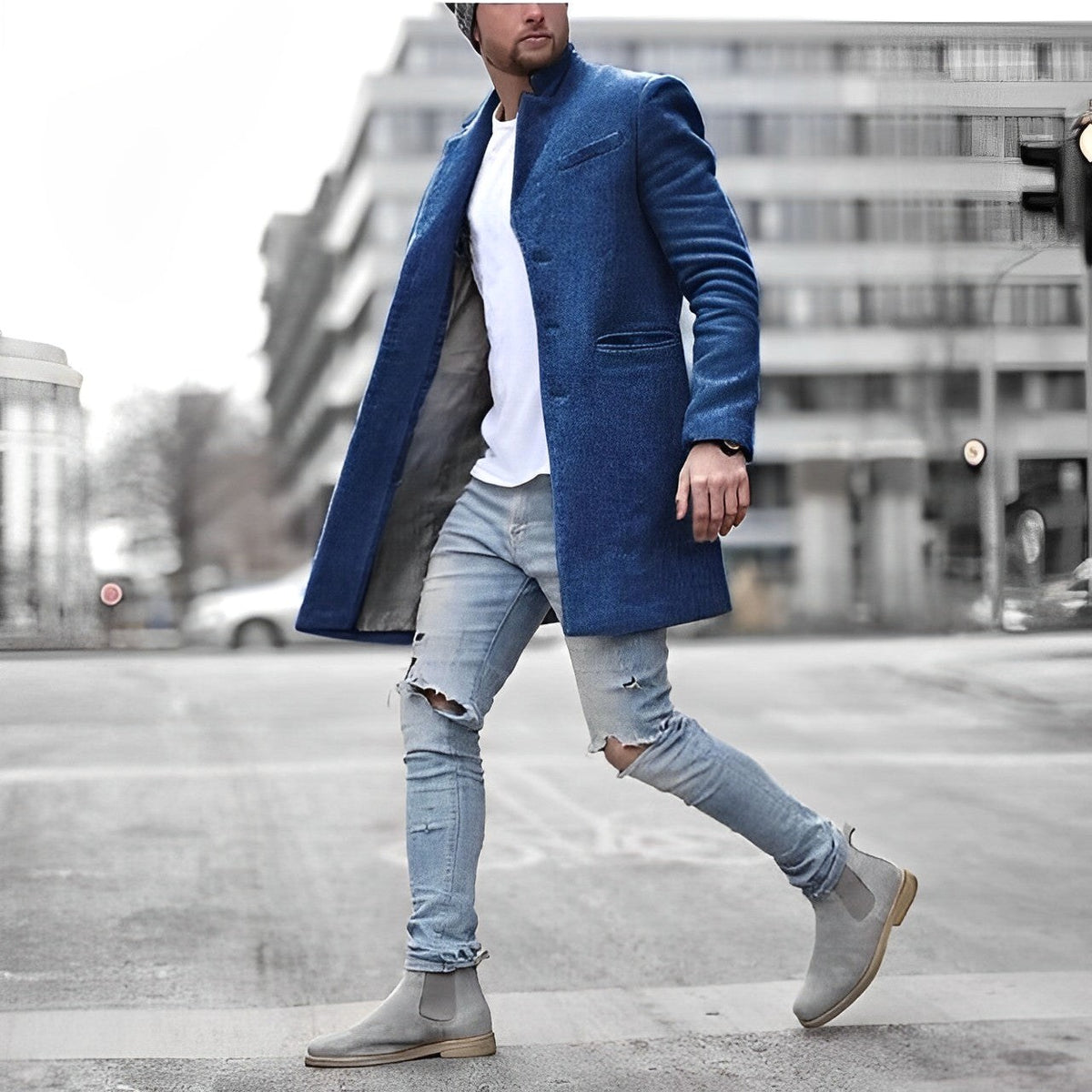 Zachary | Men's Slim-Fit Topcoat, Single-Breasted Tailored Coat | Bella Blue | Blue