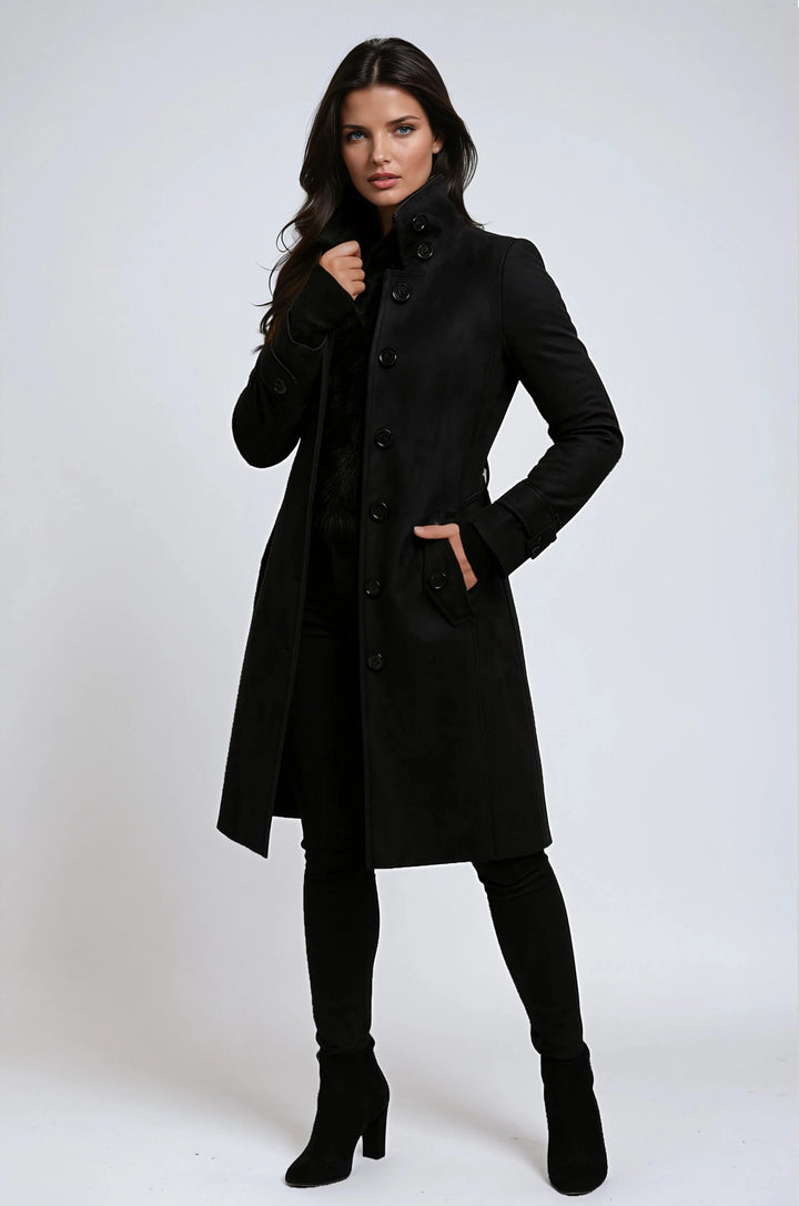 Zofia | Women's High-Neck Trench Coat, Long Tailored Winter Coat | Bella Blue
