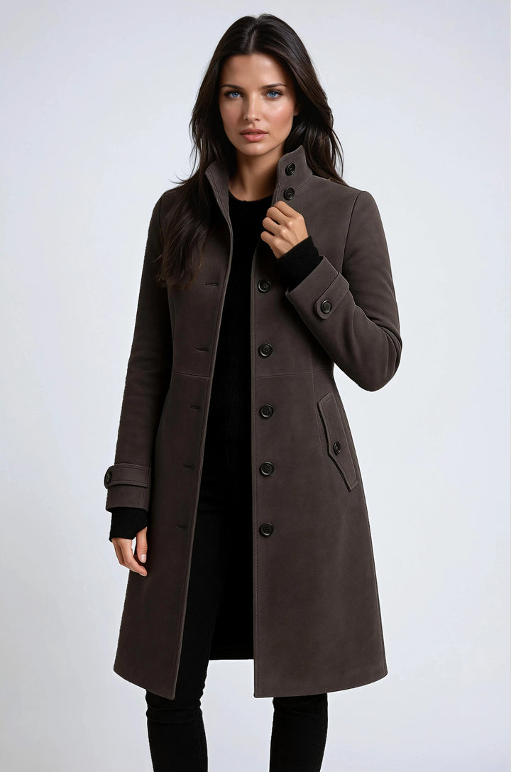 Zofia | Women's High-Neck Trench Coat, Long Tailored Winter Coat | Bella Blue