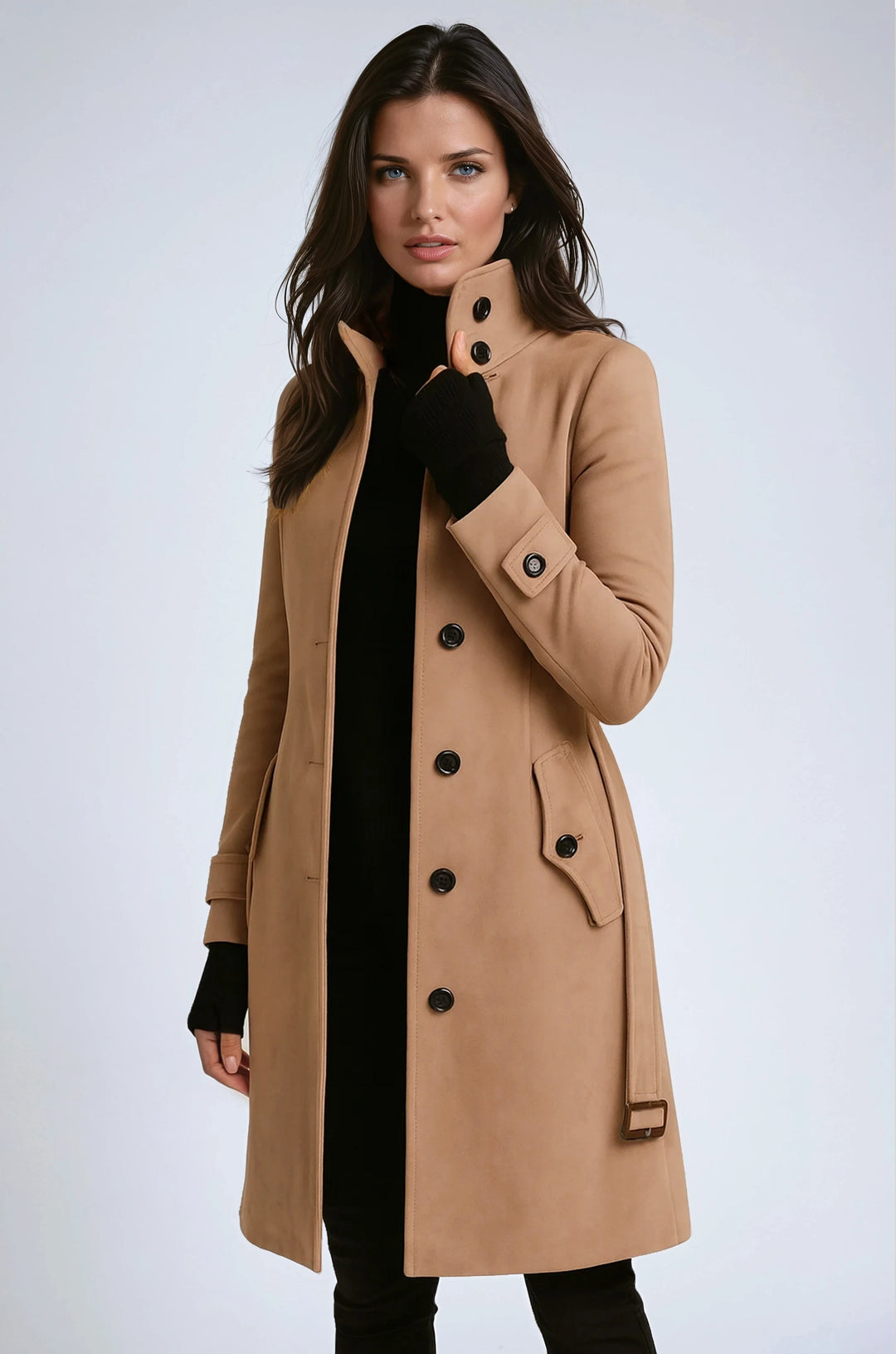 Zofia | Women's High-Neck Trench Coat, Long Tailored Winter Coat | Bella Blue